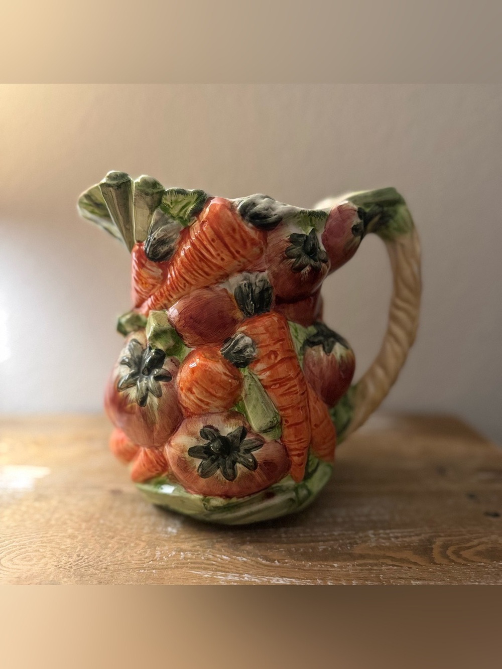 Vintage World Bazaar Ceramic Vegetable Majolica Pitcher Carrots Tomatoes Okra